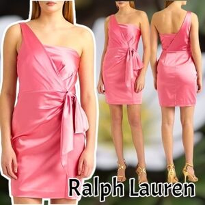 NEW Lauren Ralph Lauren Cocktail Dress Womens 8 Satin Pink One Shoulder Sheath